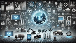 A high-tech and futuristic image representing the Internet of Things (IoT). The image should show various connected devices, such as industrial machin