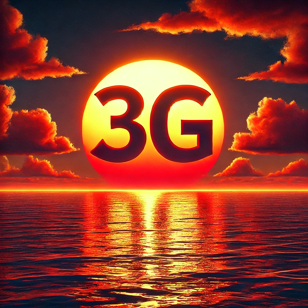 A sunset scene over the ocean, with a large glowing sun setting on the horizon. The sun is creatively shaped as the bold letters '3G'